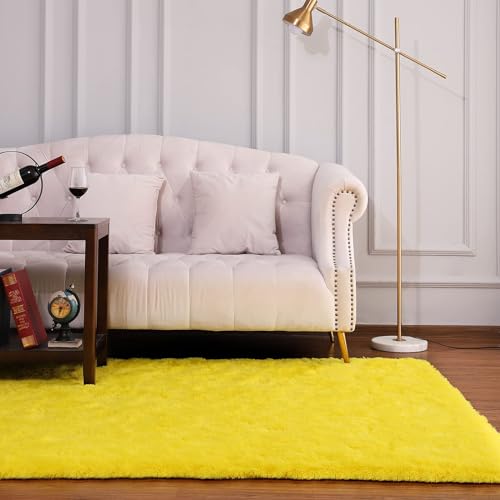 Image of AROMICK Modern Polyester Anti Slip Shaggy Fluffy Rug and Carpet for Living Room, Bedroom & Dining Room (4 x 6 Feet, Yellow)