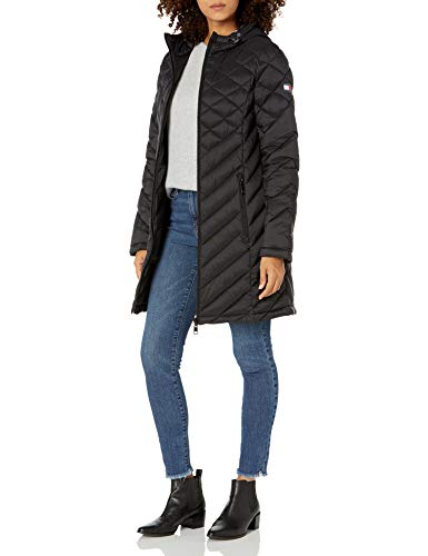 Tommy Hilfiger Women's Midlength Hooded and Quilted Packable Jacket, Black, Large