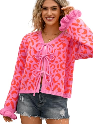 Womens 2000s Bow Cardigan, V-Neck Tie Open Front Loose, Leopard Ruffle Cuffs Knit Sweater, Cute Valentines Outfit
