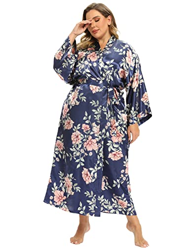 Image of Women's Floral Long Satin Robes Plus Size Long Silk Robes Peacock Floral Kimonos Sleepwear Dressing Gown