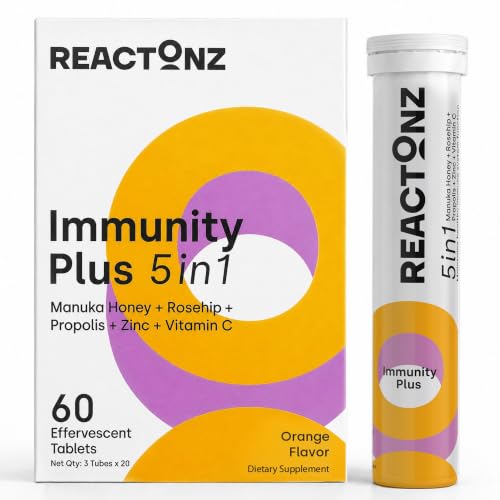 Image of 5 in 1 Immunity Plus - Immune Support & Antioxidant Supplement - Vitamin C, Zinc, Manuka Honey, Rosehip & Propolis - Natural Zesty Orange Flavor - 60 Day Supply Effervescent Tablets