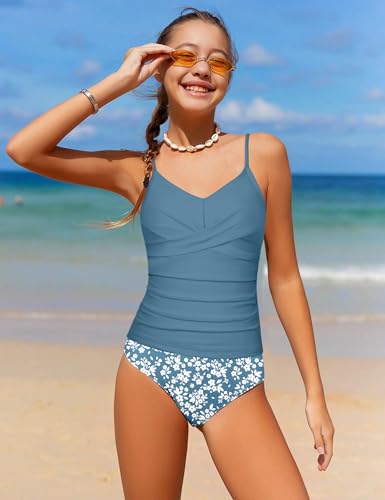Image of Girls Swimsuit 2 Piece Bathing Suit Criss Cross Ruched Girl Tankini Sets Printed Girls' Swimwear for 9-18 Years