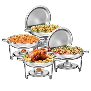 Chafing Dish Buffet Set 5QT 4Pack, [95% Pre-Assembled] Round Chafing Dishes for Buffet w/Lid Holder, Stainless Steel Chafers and Buffet Warmers Sets for Parties, Wedding, Camping, Dinner