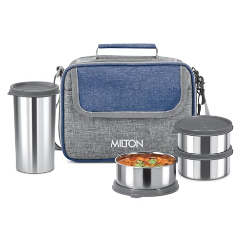 Daily Meal Lunch Box with Unisex Bag, 3 Stainless Steel Containers 300 ml Each & Tumbler 400 ml, Leak-Proof Tiffin for Office, College, Picnic, Blue