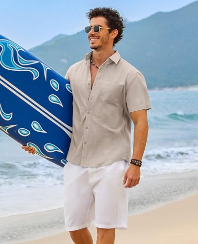 Image of COOFANDY Men's Button Down Short Sleeve Shirt Casual Cotton Summer Beach Wedding Linen Shirts with Pocket