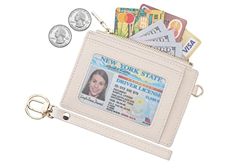 Wikavanli Women Slim Rfid Blocking Credit Card Case Holder Wristlet Zip Id Case Wallet Small Compact Leather Wallet Coin Purse With Keychain (Beige) #TOP1