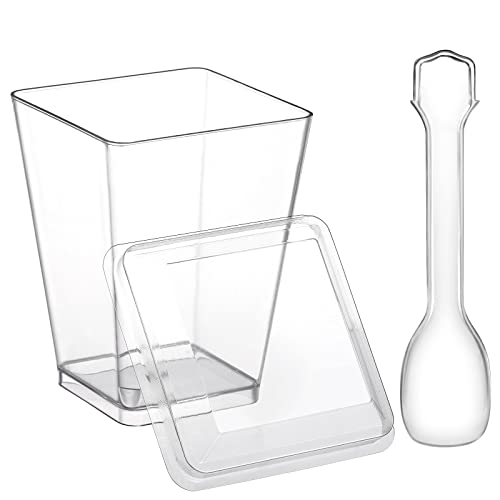 Eupako 100 Pack 5 oz Square Clear Plastic Dessert Cups with Lids and Spoons, Small Clear Plastic Tumbler Cups Set, Great for Desserts, Appetizers, Puddings, Mousse by Eupako - Image 7