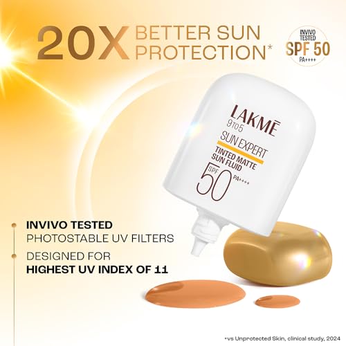 Image of Lakme Sun Expert Tinted Dry Matte Sunscreen Fluid SPF 50+ PA++++ | 1% Ceramide Complex for Skin Barrier Repair | Sheer Coverage Foundation Like Finish - Bronze (50ml)