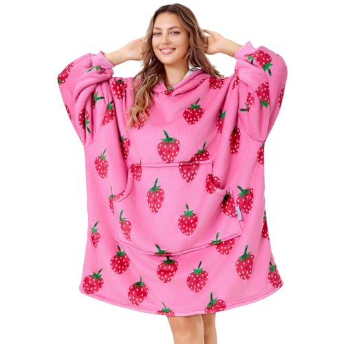 MIZZEO Microfiber Wearable Blanket, Oversized Light Wearable Blanket Hoodie for Adults, Cozy Soft Warm Plush Hooded Blanket Gifts for Women, One Size Fits All (Strawberry)