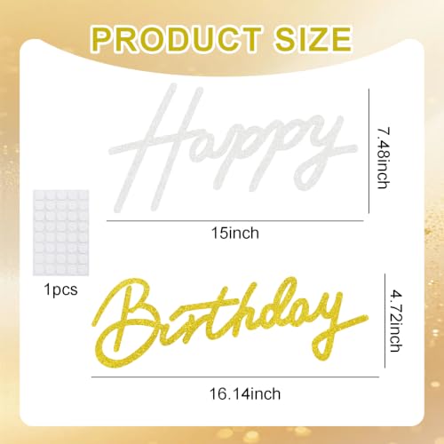 Image of TONIFUL Happy Birthday Sign for Backdrop - Glitter White Gold Felt Banner - Includes Dot Glue - Perfect for Birthday Party Backdrop,Wall Decr,Balloon Arch,Photo Background