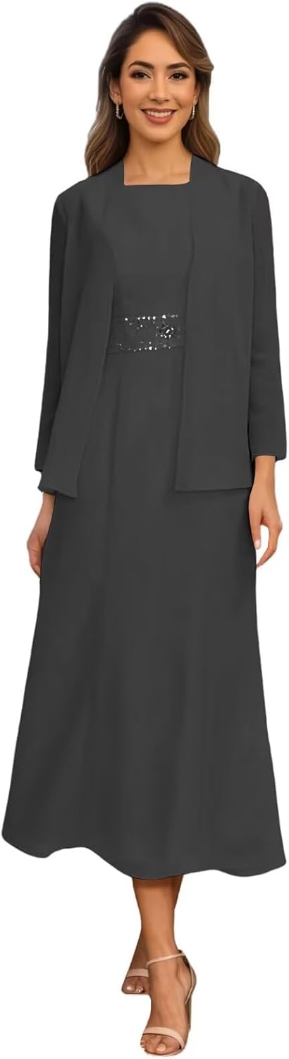 Chiffon Mother of The Bride Dresses - 2 Pieces Tea Length Long Sleeve Formal Wedding Guest Dress with Jacket