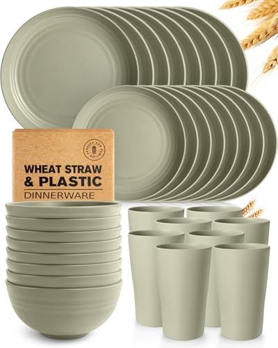 Image of Teivio 32-Piece Kitchen Plastic Wheat Straw Dinnerware Set, Service for 8, Dinner Plates, Dessert Plate, Cereal Bowls, Cups for Everyday Dining, Unbreakable Plastic Outdoor Camping Dishes, Boho