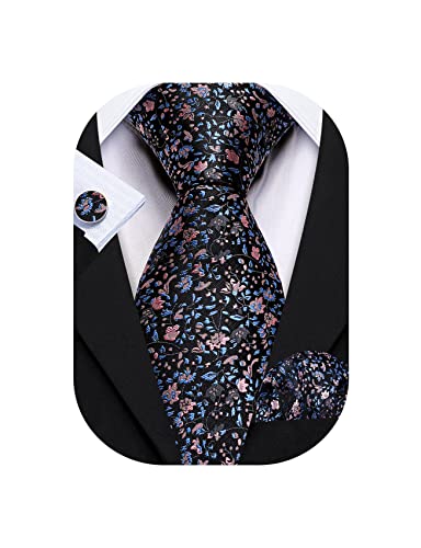 Barry.Wang Flower Ties for Men Handkerchief Cufflinks Set Wedding Necktie Set Party