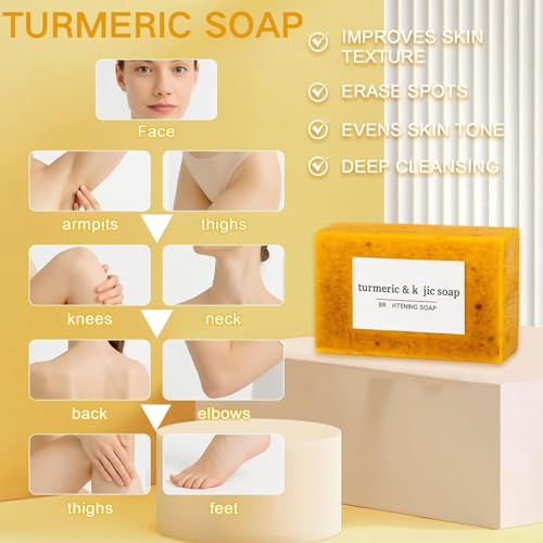 Generic 3PCS Turmeric Soap for Spots Remover-Honey Lemon Turmeric Kojic Soap Bar for Face and Body, Organic Daily Use Skin Care Soaps, Deep Cleansing Moisturizing, Handmade Soaps for All Skin Types