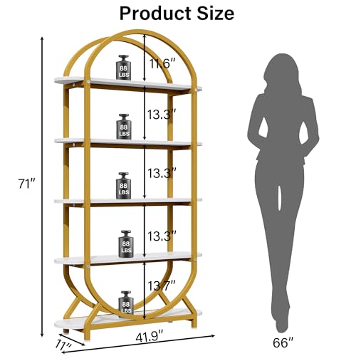 Image of Jehiatek Arched Bookshelf Bookcase, 71 Inches Tall Industrial Book Shelf with Sturdy Metal Frame, E1 Quality Boards, Freestanding Display Shelving Unit, Gold