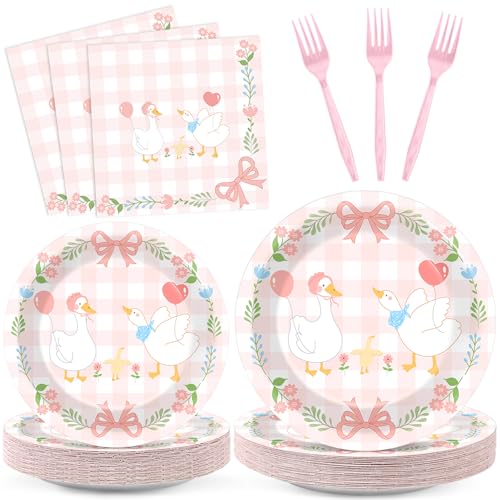 96 Pcs Silly Goose Party Supplies Pink Plaid Silly Goose Paper Plates and Napkins Pink Bow Duck Tableware Set for Kids Girls Baby Shower 1st Birthday Checkered Party Decorations Serve 24