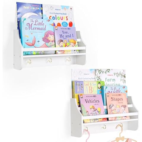MOFASVIGI Nursery Book Shelves,Set of 2 Floating Wall Mounted Bookshelf, Natural Wood Book Shelf for Kids Room Baby Boys Girls Bedroom Living Room (White) Cover