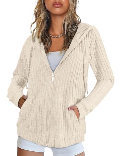 Flikity Womens Cardigans Size 12-14 Ladies Zip Up Hoodies Jackets for Women UK Knitted Tunic Blouses Womens Long Sleeve Tops with Pockets Women Autumn Clothes M Apricot