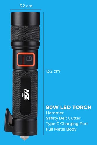 Image of MZ M986 Car Emergency LED Light - Black | with 4 Different Modes, Hammer and Seatbelt Cutter | Zoomable Torch Emergency Car Escape Tool | Window Breaker