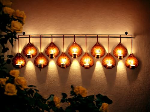 Image of METSY Stylish Metal Cutting Edge Candle Light Holder Leaf in Rectangular Shape | Metal Art | Home Decor Items (Golden Rectangular)