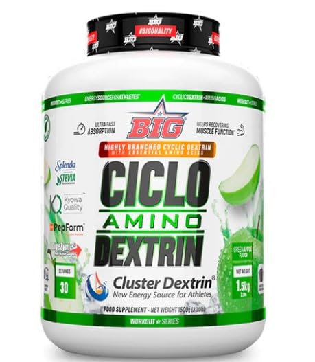 BIG Ciclo Amino Dextrin 1,5 kg – Ciclodextrina (Cluster Dextrin®) + PepForm® Triptófano + Digezyme® – Hidratos de Carbono en Polvo – Suplemento para Deporte - Sabor Green Apple