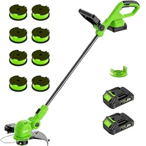 12-inch 20V Cordless String Trimmer with Charger, 2 X 2.0Ah Battery Powered Grass Mover with Auto Line Feed, 2 in 1 Lawn Edger with 8 Pcs Grass Cutter Spool Line and 2 Spool Cap, Green