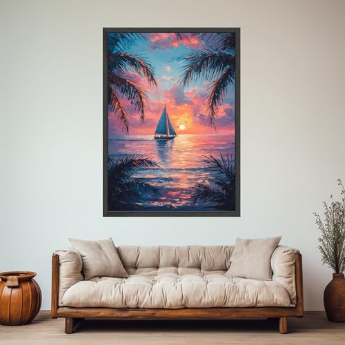 Décoration murale nautique voilier tableau paysage marin plage et palmiers 80 x 110 cm