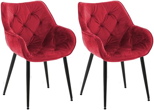 CLP Lot de 2 chaises Tanna Velours I Chaise de Salle à Manger avec accoudoirs I Chaise rembourrée matelassée, Couleur:Rouge