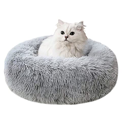 ALLNEO Original Cat and Dog Bed Luxury Shag Fuax Fur Donut Cuddler Round Donut Dog Beds Indoor Pillow Cuddler for Medium Small Dogs (S-20208inch, Light Grey)