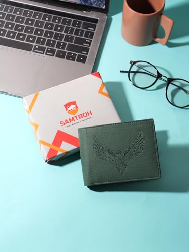 Image of SAMTROH Vegan Leather Wallet for Men | Vintage Printed | Premium Vegan Leather Craftsmanship | 3 Card Slots I 2 Cash Compartments & Secret Slots | 1 Coin Pocket. (Eagle, Green)