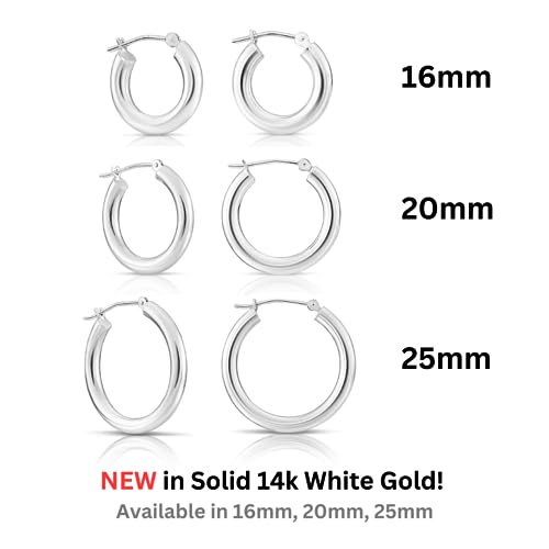 Image of 14K White Gold Classic Chunky Hoop Earrings, Solid White Gold Chunky and Lightweight Shiny Hoops, 3mm Tube Thickness