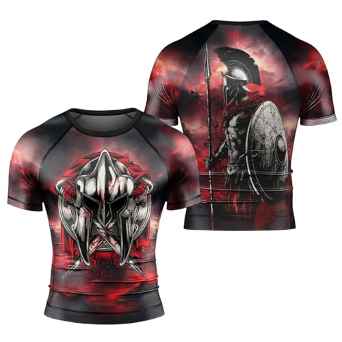 Spartan Symbol Men's Rash Guard Shirts Short Sleeve, Baselayer Compression Shirt for Jiu Jitsu MMA