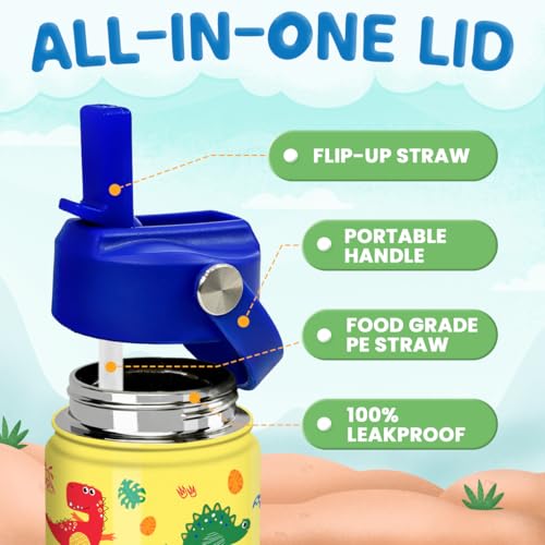 Image of Dinosaur Kids Water Bottle - 12 Oz Insulated Stainless Steel - Straw Lid for Toddlers & Kids - School & Sports Travel Cup