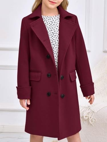 Haloumoning Girls Double Breasted Trench Coat Kids Notch Lapel Long Peacoat with Pockets 5-14 Years2
