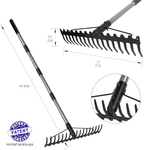 Walensee Garten Rechen, 165cm Metall Rechen , Harke mit 17 Stahlzinken, mit Edelstahlgriff, zum Lockern von Boden und Nivellieren von Rasen,Laubbesen,Rasenrechen, Heurechen für Rasen und Blätter