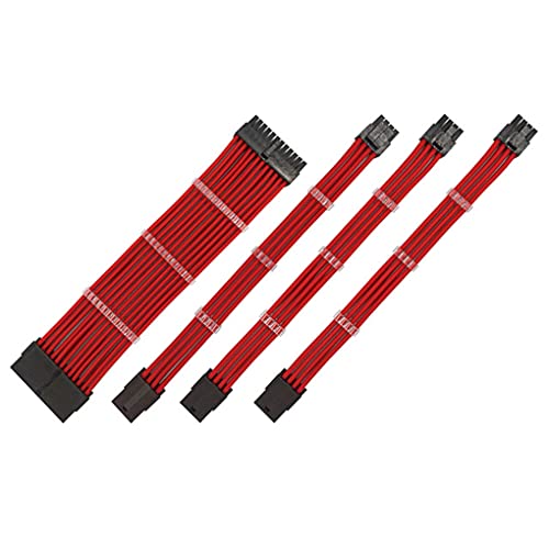 PSU 延長ケーブル デスクトップ コンピューター 電源 ナイロン コード セット 24ピン 4+4ピン 6+2ピン ケーブル キット、レッド, 赤