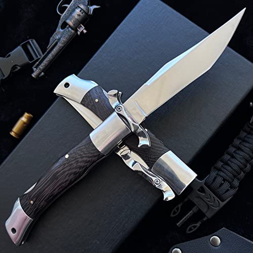Holyedge Tactical Pocket Knife Manual Lockback Folding Hunting Knives - Sturdy Wooden Handle -Leather Sheath D2 Mirror Blade For Everyday Carry Edc Outdoor Survival Camping Hiking #TOP4
