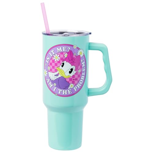 Image of Silver Buffalo Disney Daisy Duck inchIs It Me? Am I the Problem? inch Stainless Steel Tumbler with Handle, Fits in Standard Cup Holder, 40 Ounces