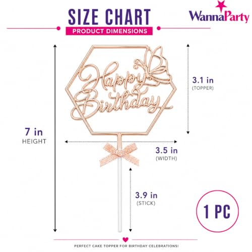 Image of Wanna Party Happy Birthday Cake Topper, Rose Gold Hexagon Frame with Butterfly & Bow, Birthday Cake Decoration Pick for Kids, Adults, Party Cakes & Dessert Table - 1PC