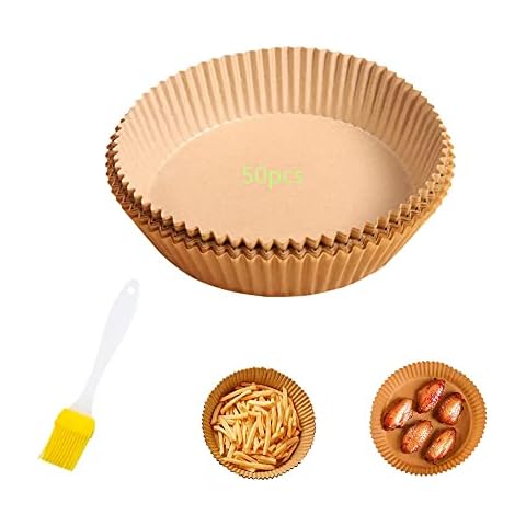 50 Pcs Air Fryer Paper Liners, Air Fryer Parchment Paper Liners, Multipurpose Greaseproof Paper Liners for Air Fryer Oven Baking Roasting Microwave Frying Pan (Brown,20cm) Cover