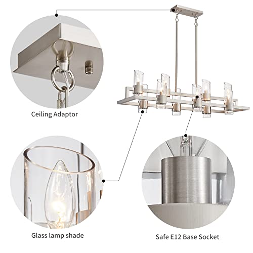 Image of WUZUPS Island Rectangle Chandelier 10-Light with Clear Glass Industrial Modern Farmhouse Linear Light Fixture for Dining Room Kithen Island, Width 42.5 inch Height 10.4 inch, Brushed Nickel