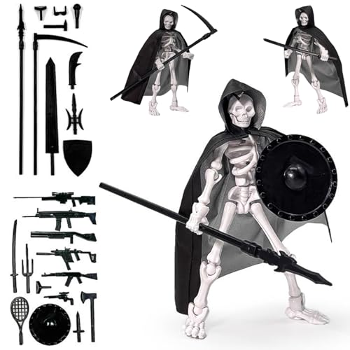 Skeleton Action Figure, Multi-Jointed Movable Skeleton Toy with Hooded Cape & Weapons, Plastic Action Figure for Collectors Desktop Decorations