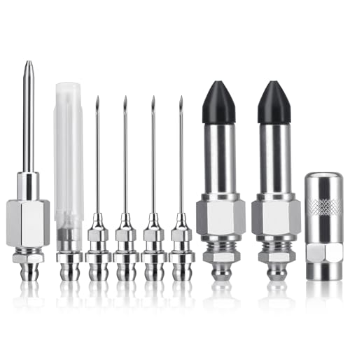 Draupnir 9 Pcs Grease Gun Needle Nozzle Kit, Stainless Steel Grease Gun Injector Needle Nozzle with Rubber Nipple Adapter Fitting Tool for Grease Injection Narrow Space & Deep Hole Metal