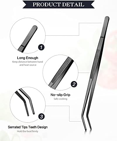 25.5cm Cooking Tweezer and Curved Tong Set, Tongs Precision Serrated Tips, Stainless Steel Professional Chef Tweezer Kitchen Tools for BBQ, Plating and Serving