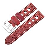 MJMT06 Oil Wax Cowhide Watchbands 22mm 24mm Dark Brown Women Men Fashion Genuine Leather Watch Band Strap Belt with Pin Buckle(Red,22mm)