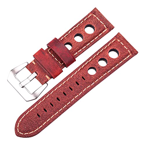 MJMT06 Oil Wax Cowhide Watchbands 22mm 24mm Dark Brown Women Men Fashion Genuine Leather Watch Band Strap Belt with Pin Buckle(Red,22mm)