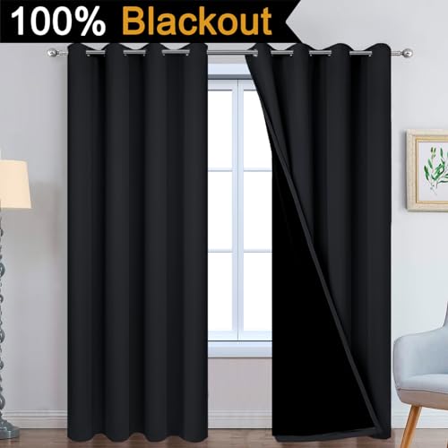 Image of Yakamok Black 100% Blackout Curtains 90 Inches Long for Bedroom 52 inch Wide | Blackout Curtain Panels for Bedroom, 2 Thick Layers Grommet Top Thermal Insulated Drapes with Black Liner for Living Room