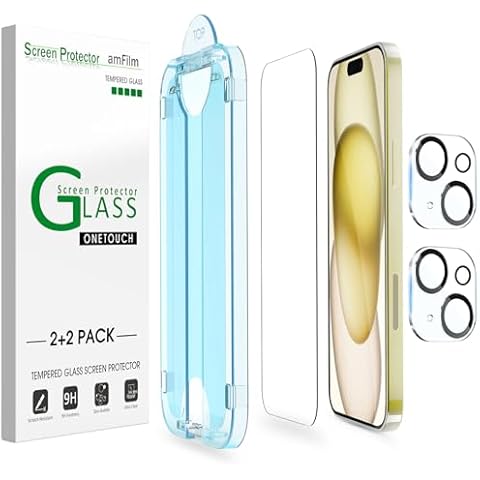 amFilm OneTouch 2+2 Pack Compatible with iPhone 15 Screen Protector 6.1" Tempered Glass with Camera Lens Protector Accessories, Premium Easiest Installation Kit 9H, Case Friendly Anti-Scratch HD Cover