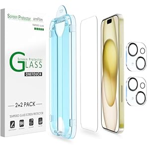 amFilm OneTouch 2+2 Pack Compatible with iPhone 15 Screen Protector 6.1″ Tempered Glass with Camera Lens Protector Accessories, Premium Easiest Installation Kit 9H, Case Friendly Anti-Scratch HD
