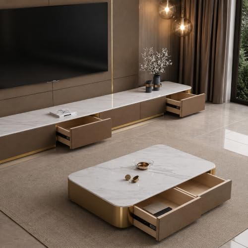 Image of WOODEN SPACE Jaguar Modern Marble Top Coffee Table with Storage | 47.24 Inch Rectangular Centre Table for Living Room | High Gloss Finish (Brown)